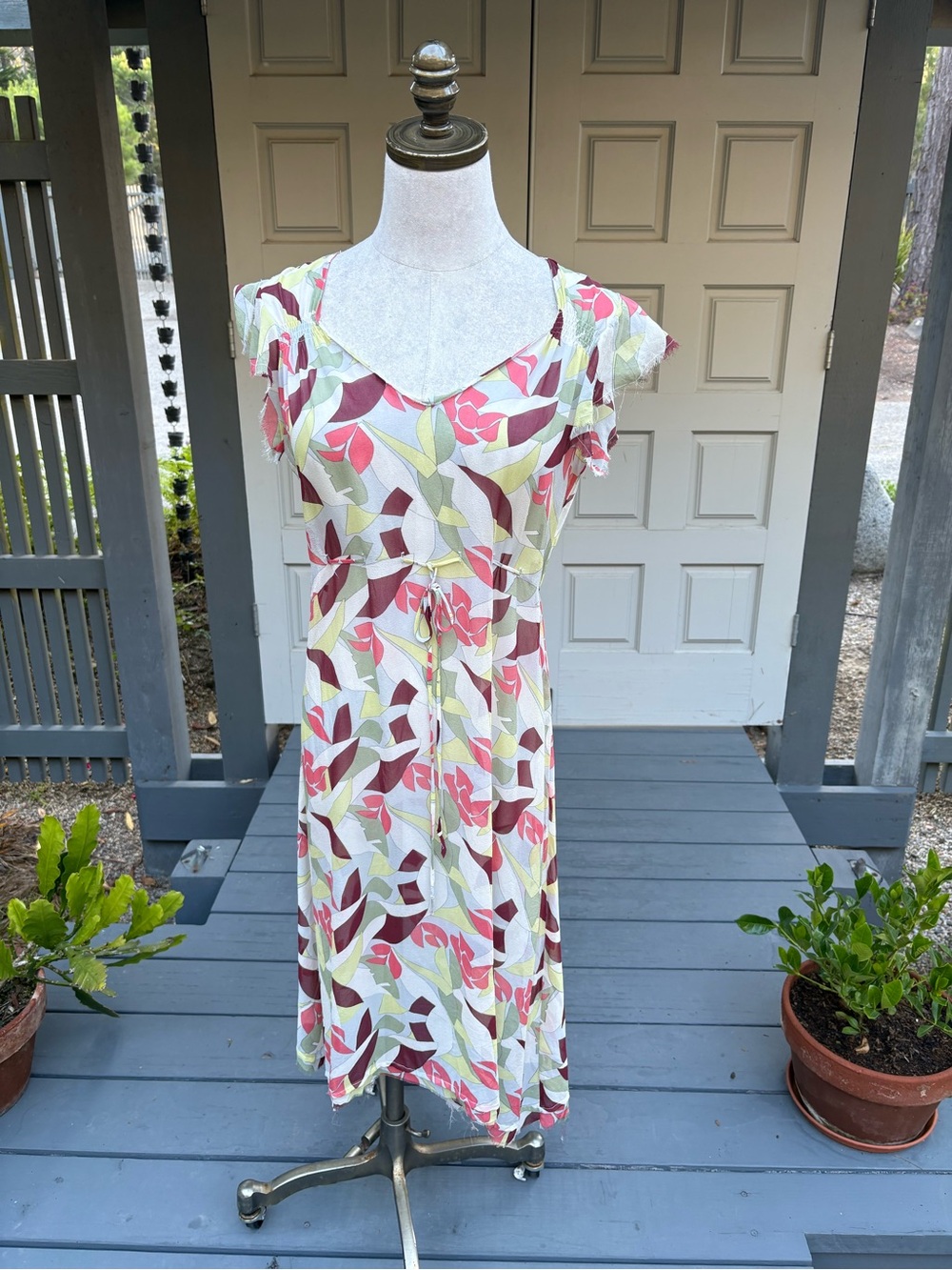 Erica Tanov Floral Leaf Silk Summer Dress - Pink, Green, Cream
